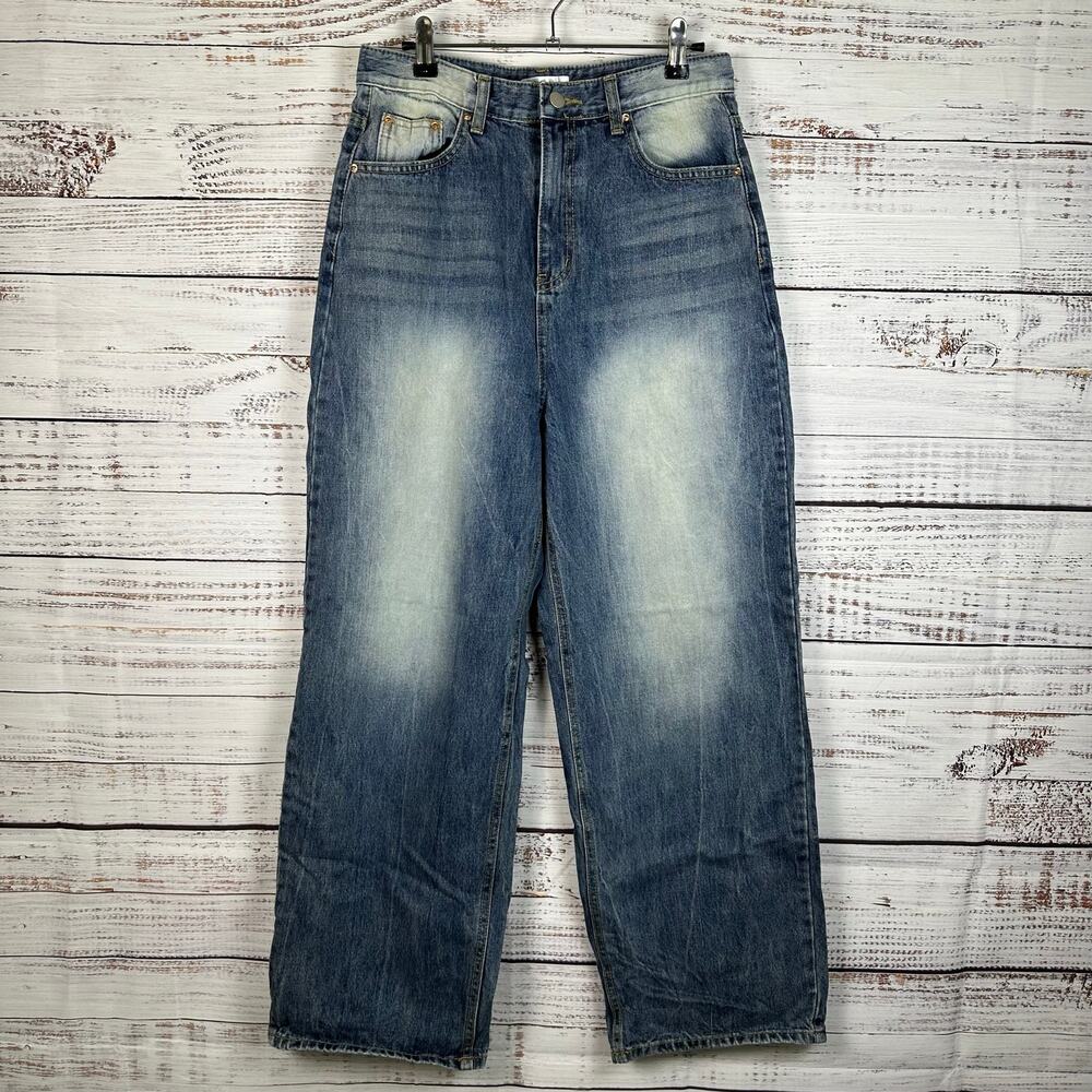 LEWKIN Faded Blue Wash Baggy Wide Leg Jeans Grunge Streetwear Womens Sz M 29x27